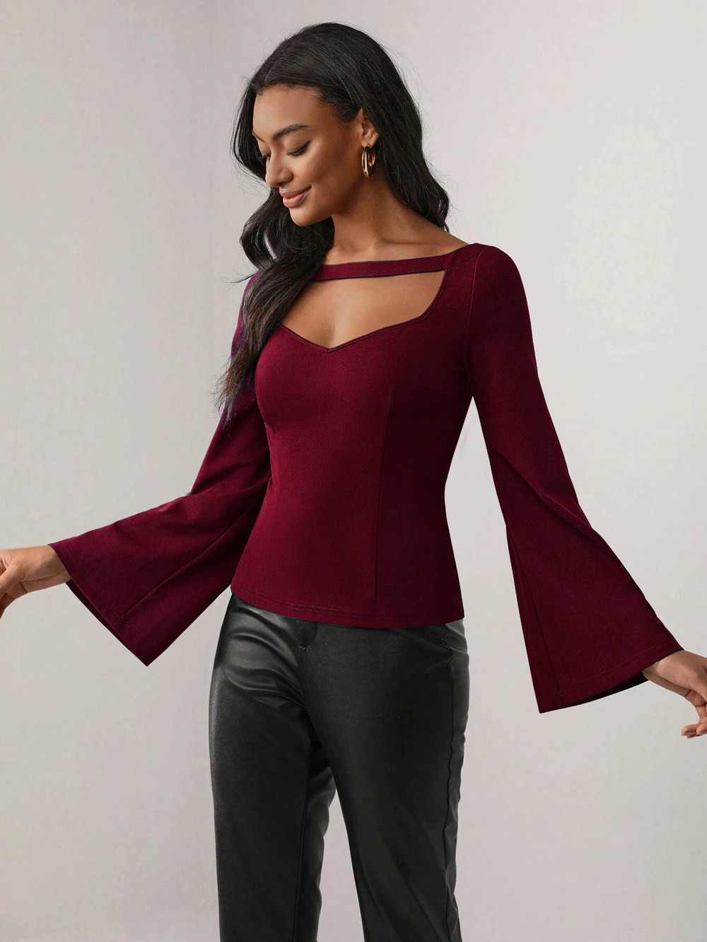 ZARA Flare Sleeve Cutout Waist Cinching Slimming Long Sleeve Blouse - Picture 3 of 6